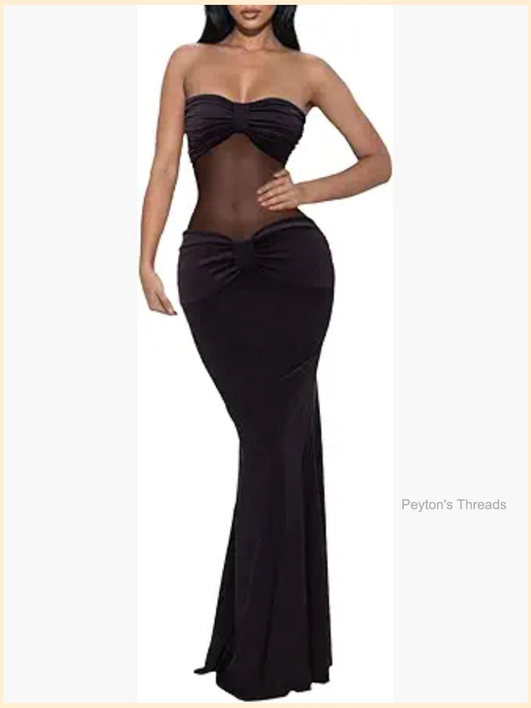 Sexy Sheer Mesh Maxi Dresses Strapless Backless Bodycon